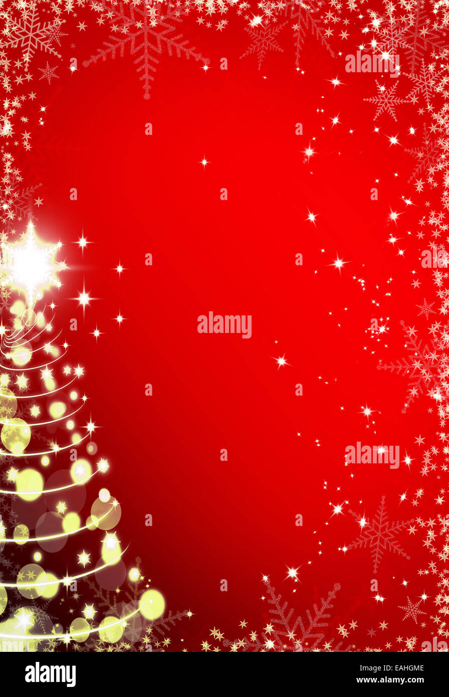 Natale sfondo rosso con telaio a fiocchi di neve e albero di Natale Foto Stock