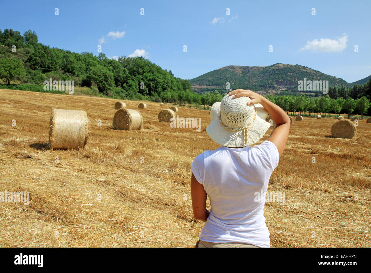 Una giovane ragazza è alla ricerca di un campo in Toscana Foto Stock