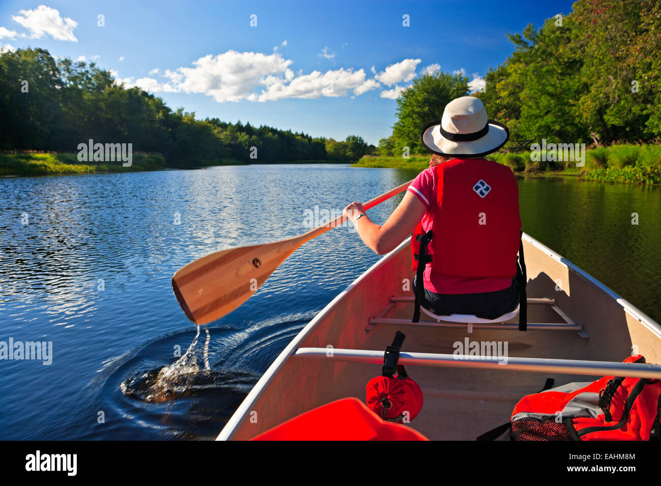 Pagaiando una canoa sul fiume Mersey in Kejimkujik Parco nazionale e sito storico nazionale del Canada, Nova Scotia, Canada Foto Stock