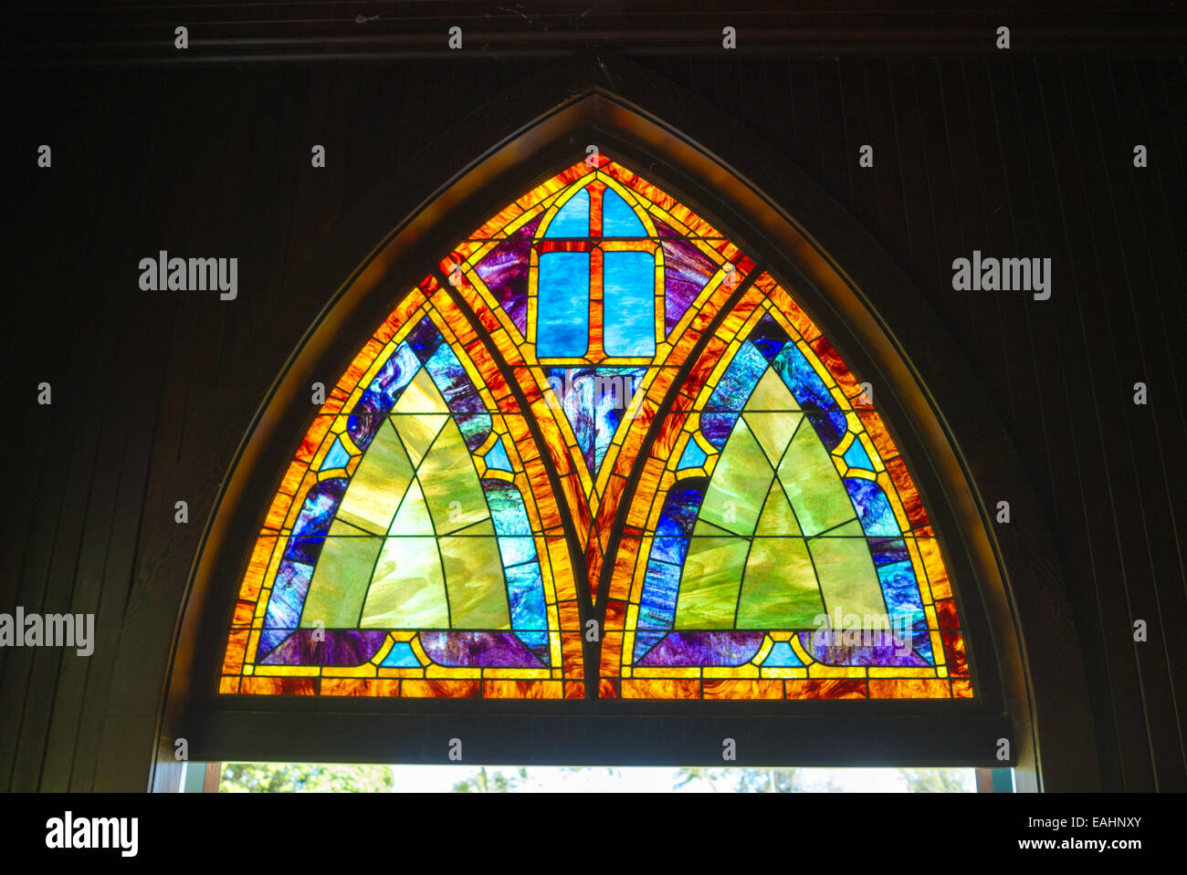 Il vetro macchiato al Wai'oli Hui"ia Chiesa Hanalei, Hawaii, STATI UNITI D'AMERICA Foto Stock