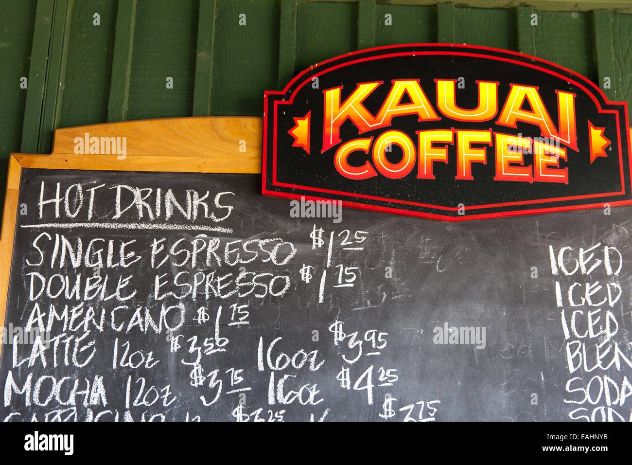Menu di caffè blackboard a Kauai Coffee Company, Hawaii, STATI UNITI D'AMERICA Foto Stock