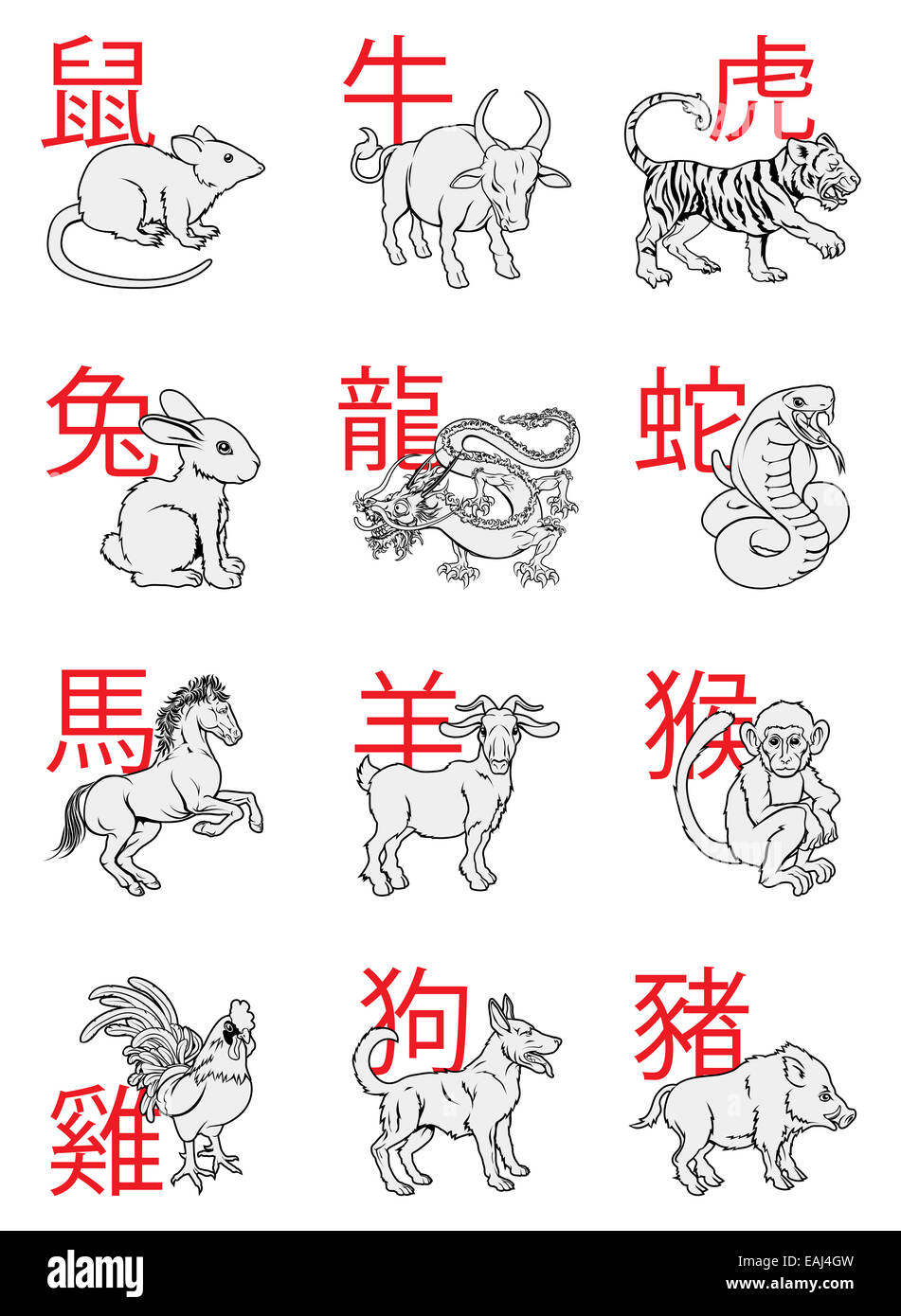 Una serie di Nuovo Anno Cinese segni zodiacali con la calligrafia iscritto dietro ogni animale Foto Stock