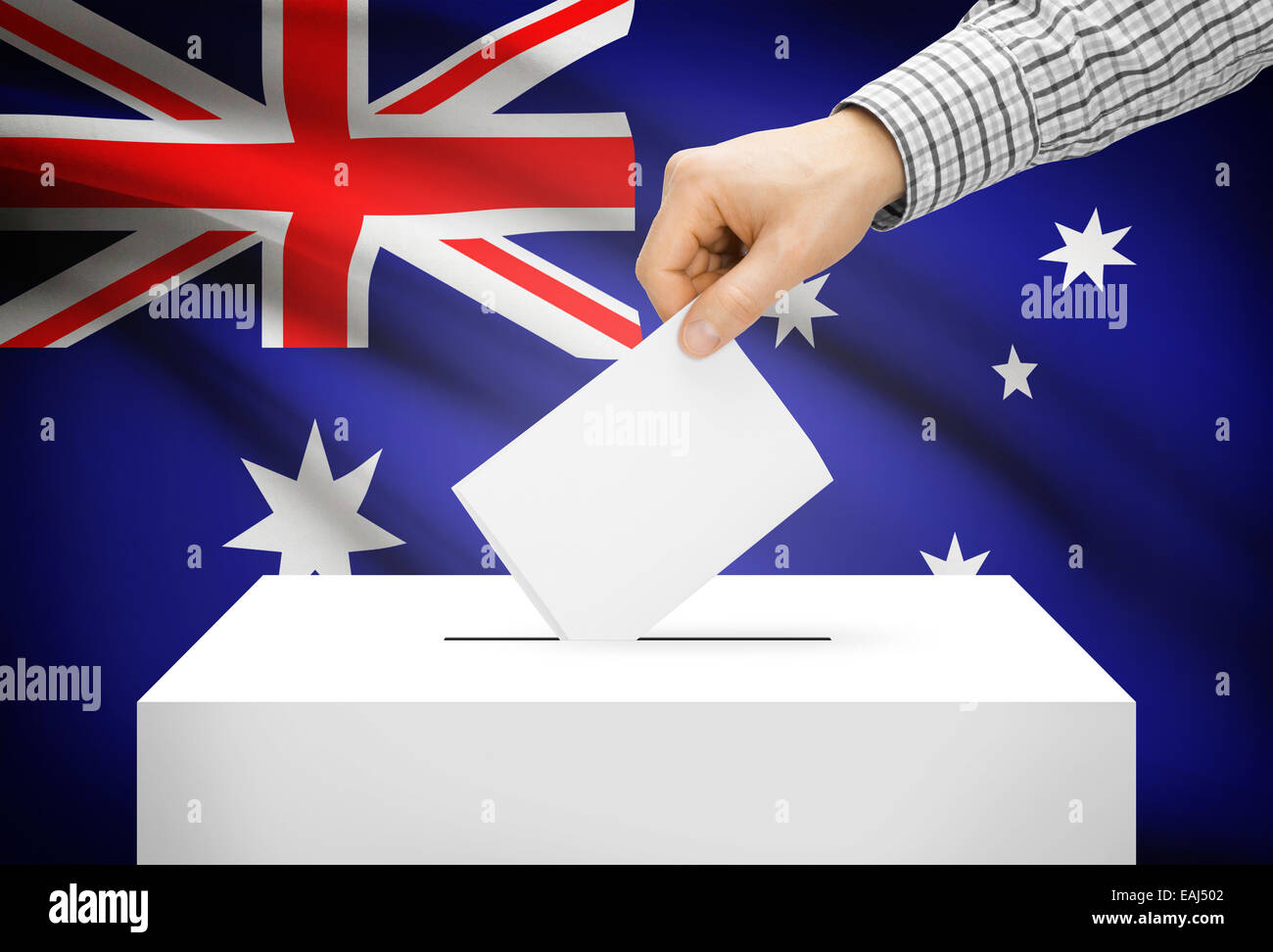 Concetto di voto - urne con bandiera nazionale sullo sfondo - Australia Foto Stock