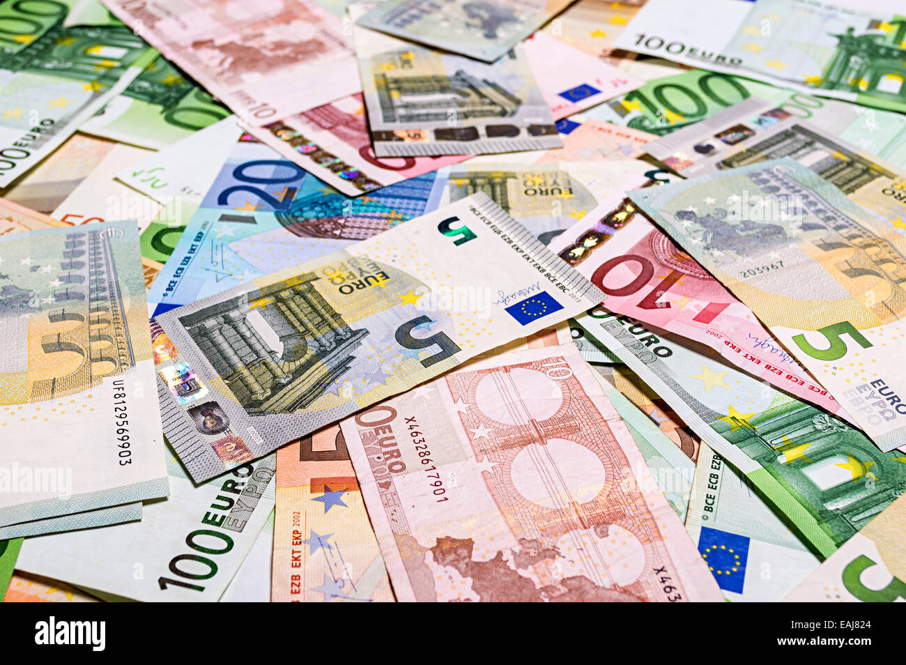 Serie di banconote in euro. Profondità di campo. Foto Stock