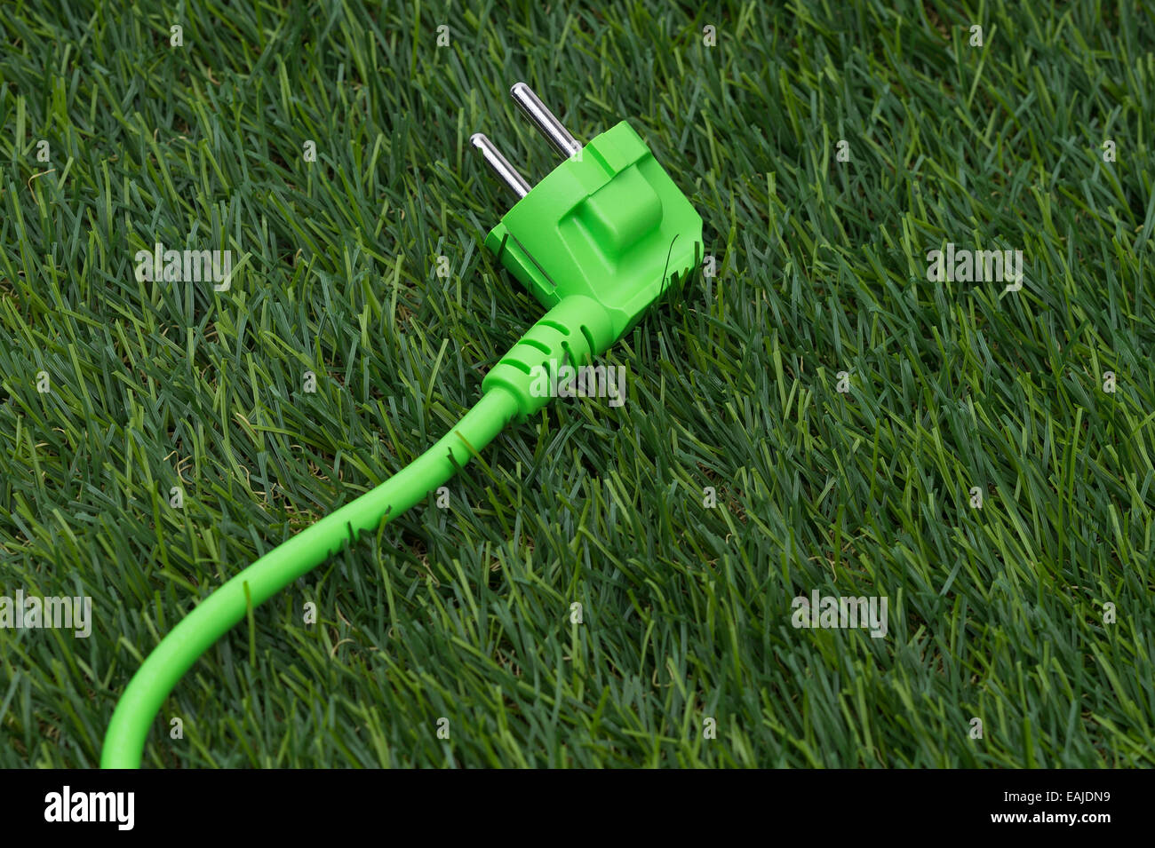 L'immagine mostra l'erba verde verde con spina di alimentazione Foto Stock