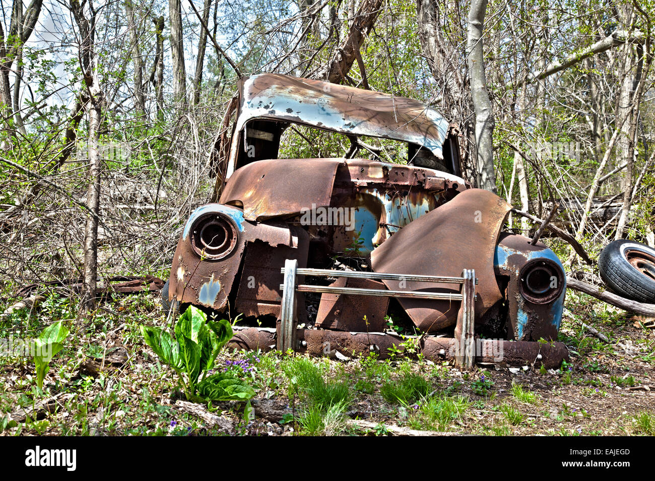 Jalopy con erbacce che crescono in clunker cimitero. Foto Stock