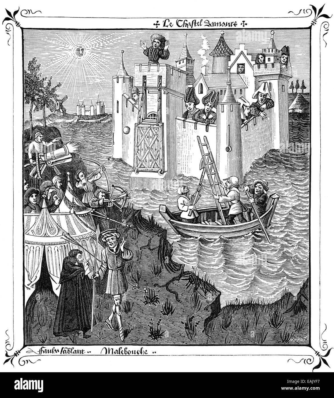 Storming del Castello Minneburg, illustrazione da Le Champion des Dames o il campione di donne, da Martin le Franc, circa 1410 - Foto Stock