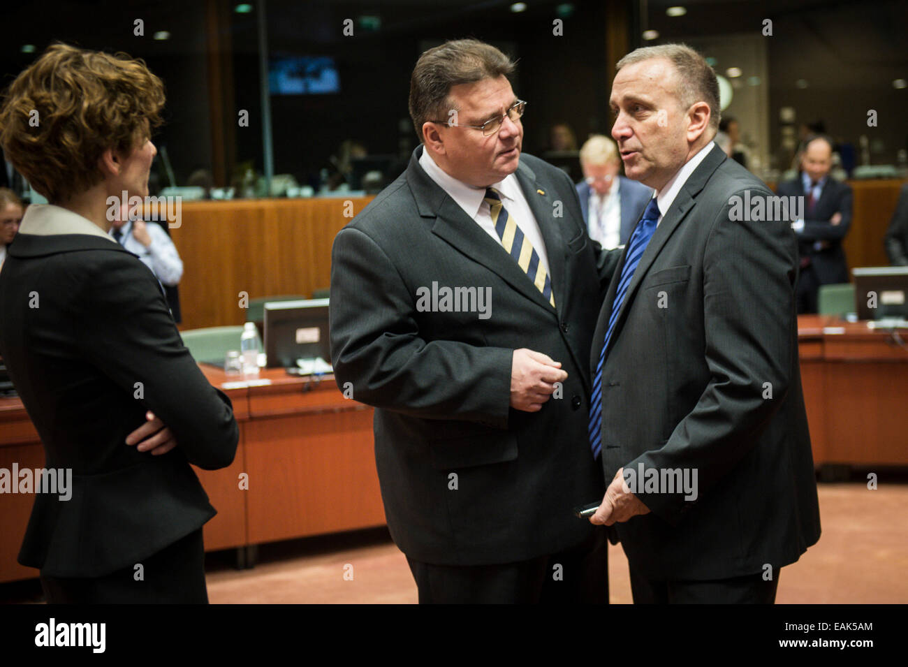 Il lituano Ministro degli Esteri Linas Linkevicius Antanas (L) e Grzegorz Schetyna, ministro degli affari esteri polacco durante l Unione Consiglio Affari Esteri incontro presso la Comunità europea headquaerters a Bruxelles in Belgio su 17.11.2014 i ministri degli Esteri della Ue si sono riuniti per mettere a fuoco il latestatest developements in Ucraina da Wiktor Dabkowski Foto Stock