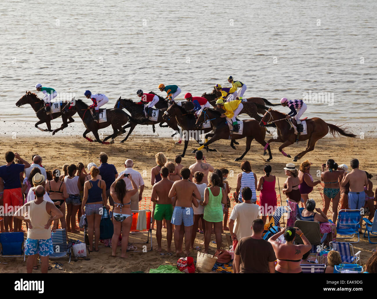 Famose corse di cavalli sulla spiaggia di Sanlucar de Barrameda, Sanlúcar de Barrameda, provincia di Cadice, Andalusia, Spagna Foto Stock