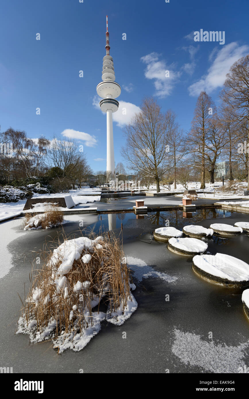 Stagni di congelati in 'parco Planten un Blomen' park, Heinrich Hertz torre presso la parte posteriore, Hamburg, Amburgo, Germania Foto Stock