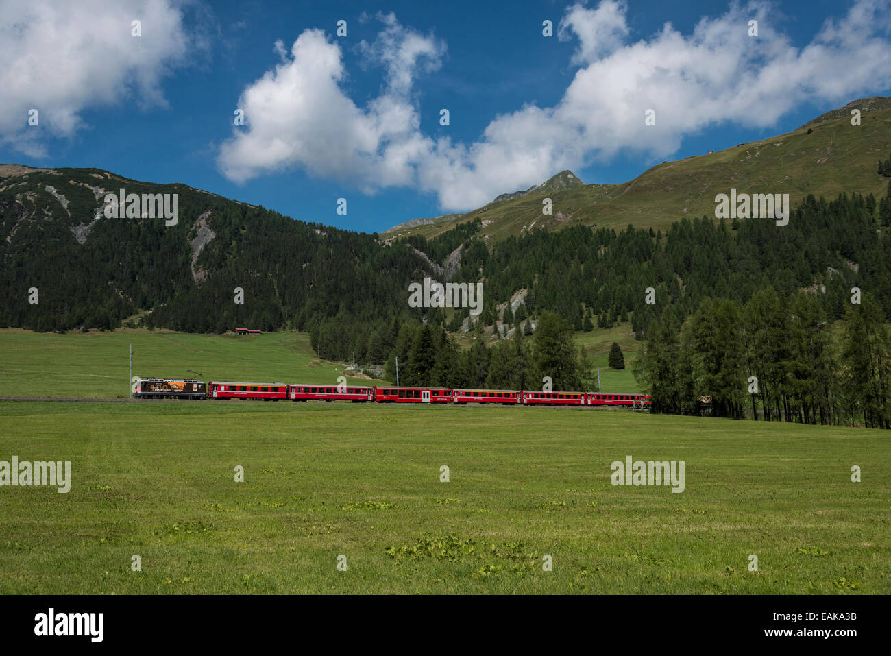 Ferrovia Retica, Bernina Express, vicino a Davos il Cantone dei Grigioni Svizzera Foto Stock