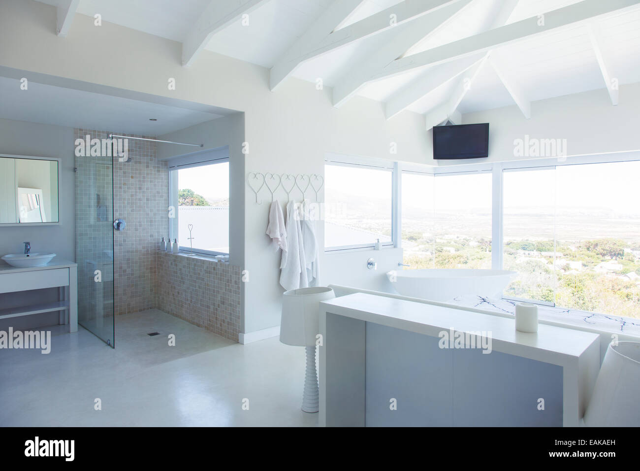 Bianco moderno bagno interno con una grande vasca da bagno e area doccia Foto Stock