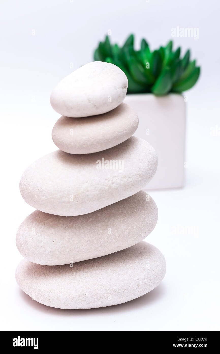 Spa di pietre e foglie verde, isolato su sfondo bianco. Foto Stock