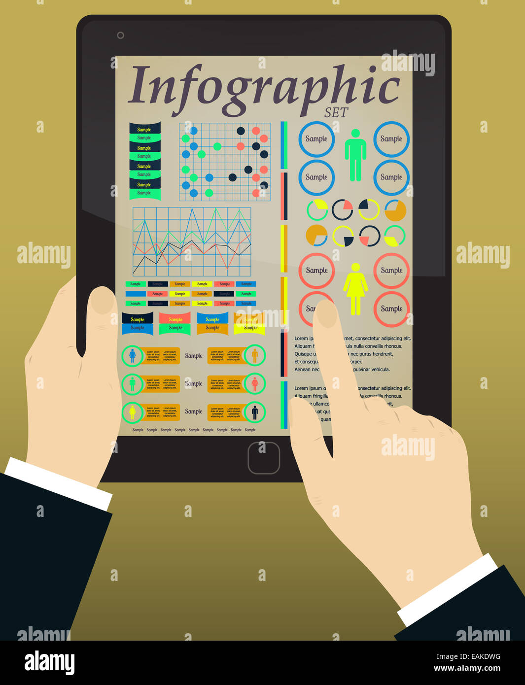Infographics sulla tavoletta e le mani. Vettore Foto Stock