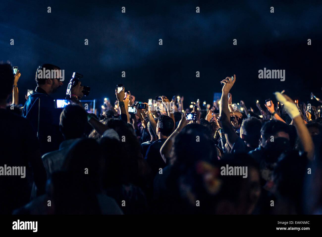 Una folla di gente che partying in un concerto di chic con Nile Rodgers presso festival sconosciuto, Rovigno, Croazia, 2014. Foto Stock