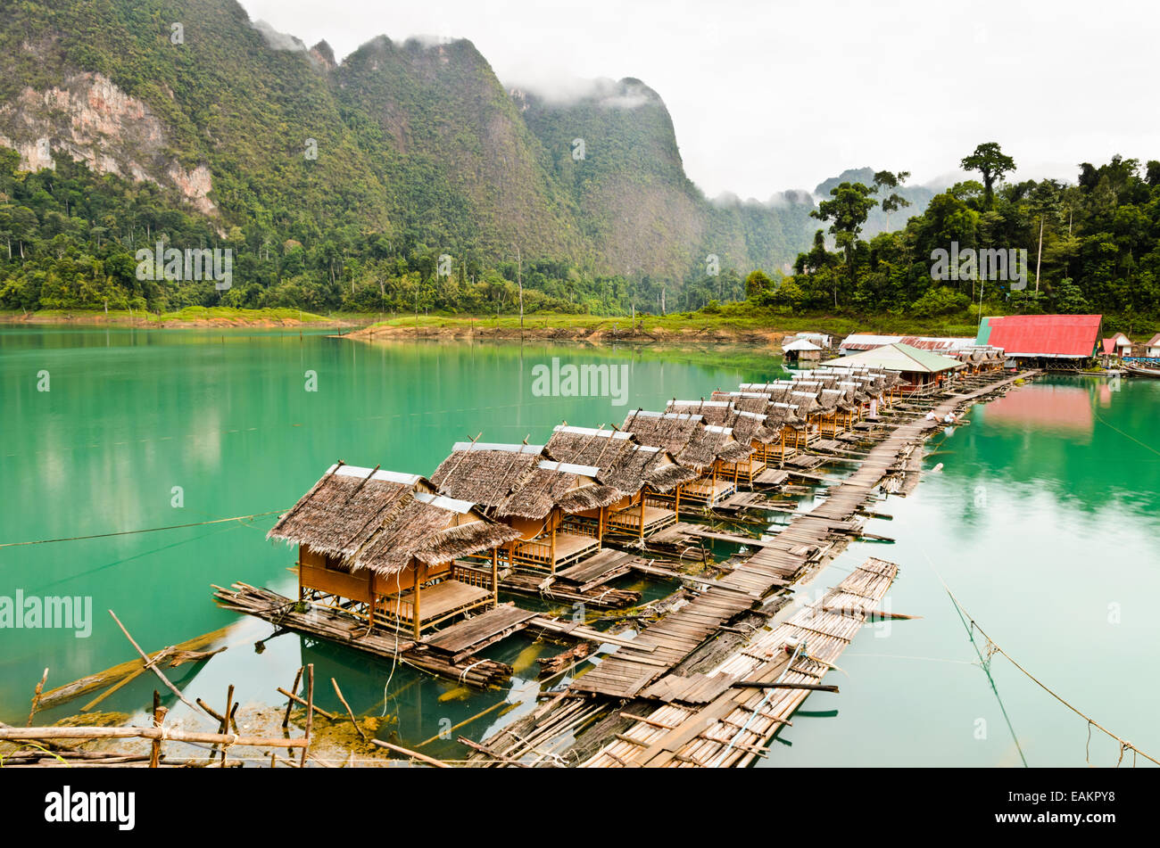 Atmosfera di bamboo resort galleggianti al mattino alla diga di Ratchaprapha, Khao Sok National Park, Surat Thani Provincia, Thailandia Foto Stock