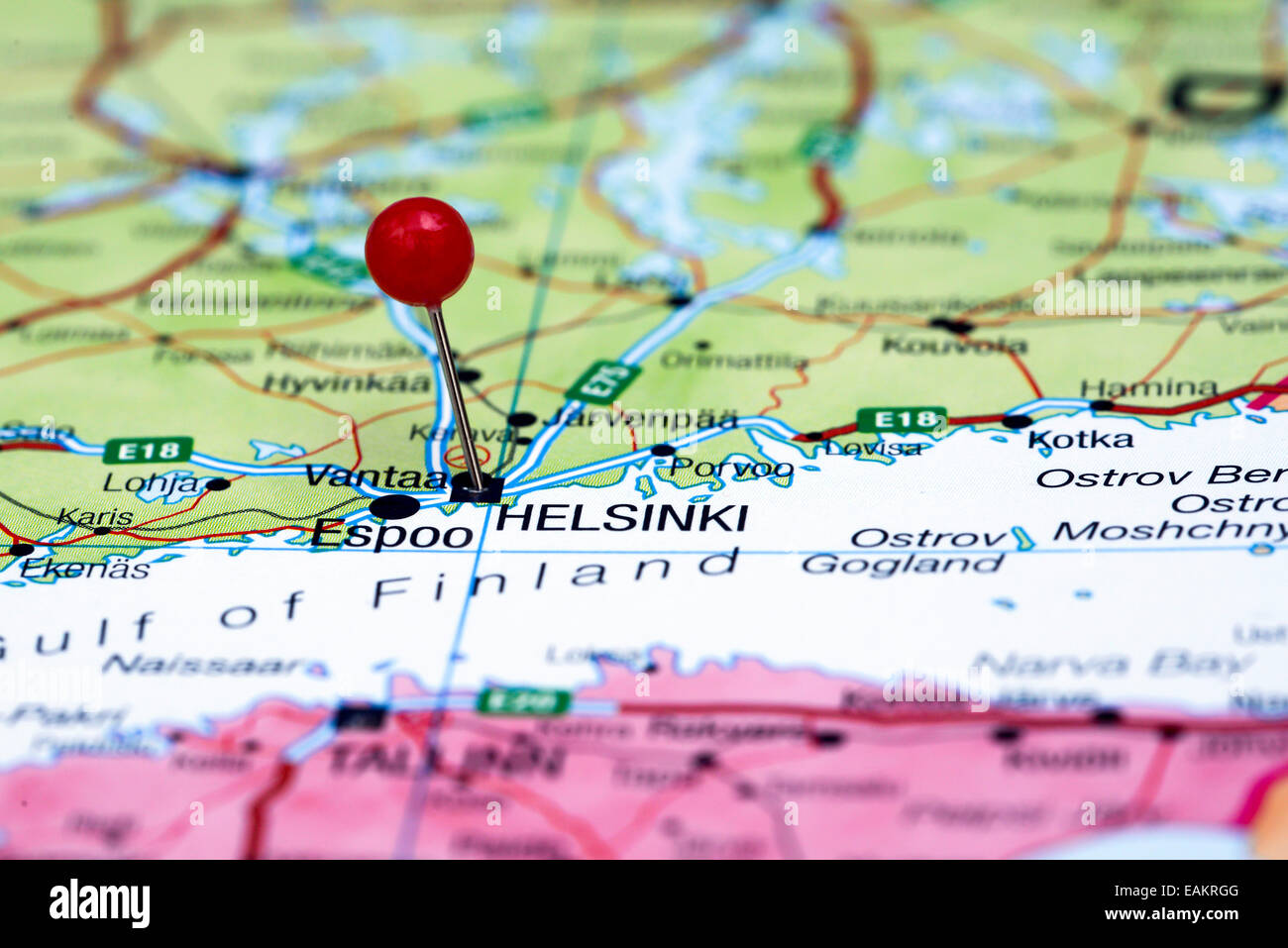 Helsinki imperniata su una mappa di Europa Foto Stock