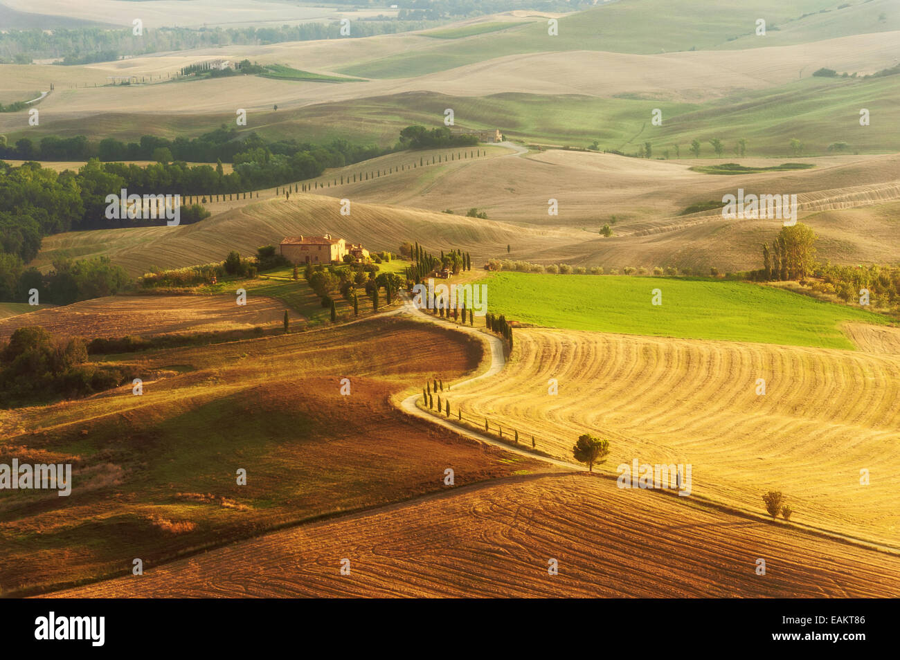 Paese in vista del paesaggio toscano da Pienza, Italia Foto Stock