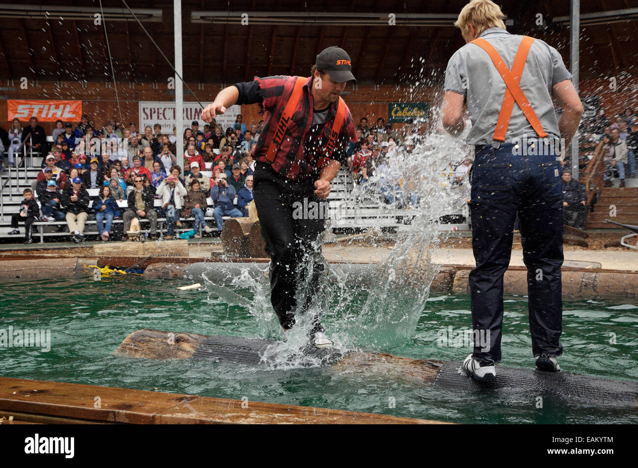 Gli uomini a competere in un log Rollin concorrenza al grande Alaskan Lumberjack Show In Ketchikan, Alaska Foto Stock