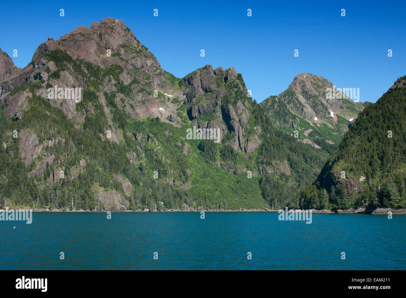 La montuosa rive della Baia della Resurrezione in Alaska. Foto Stock