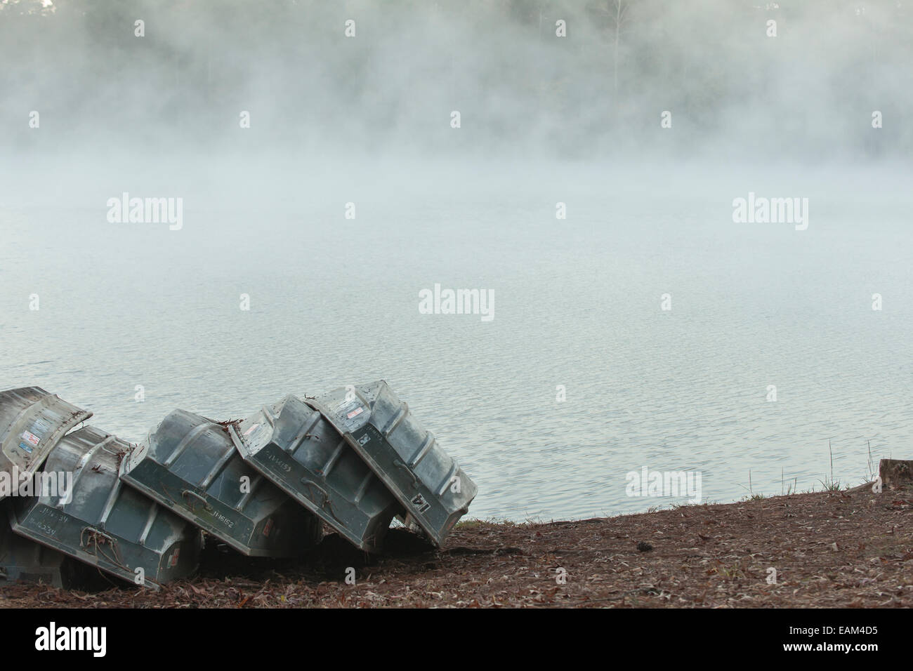 Barche dal lago di nebbia. Foto Stock