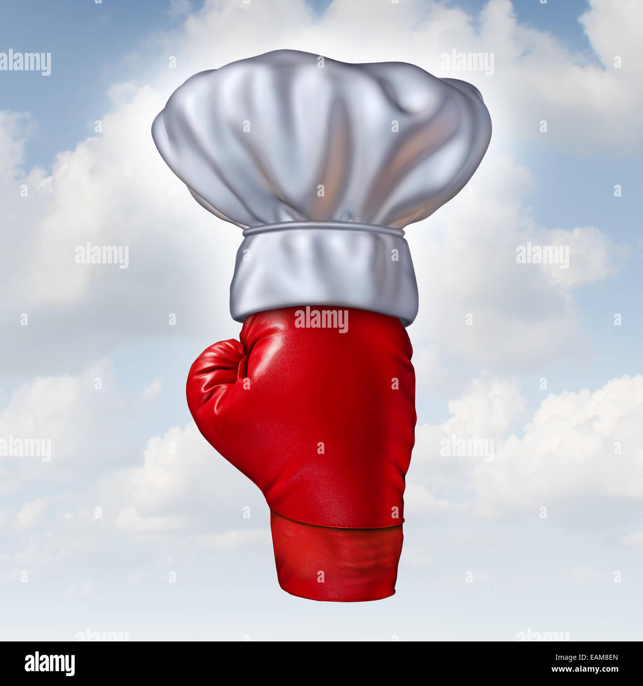 Alimentare il concetto di concorrenza e top chef simbolo come un rosso guanto di boxe con una cucina bianca cappello di cottura su un sfondo cielo come un icona per cuocere da ricetta e concorsi. Foto Stock