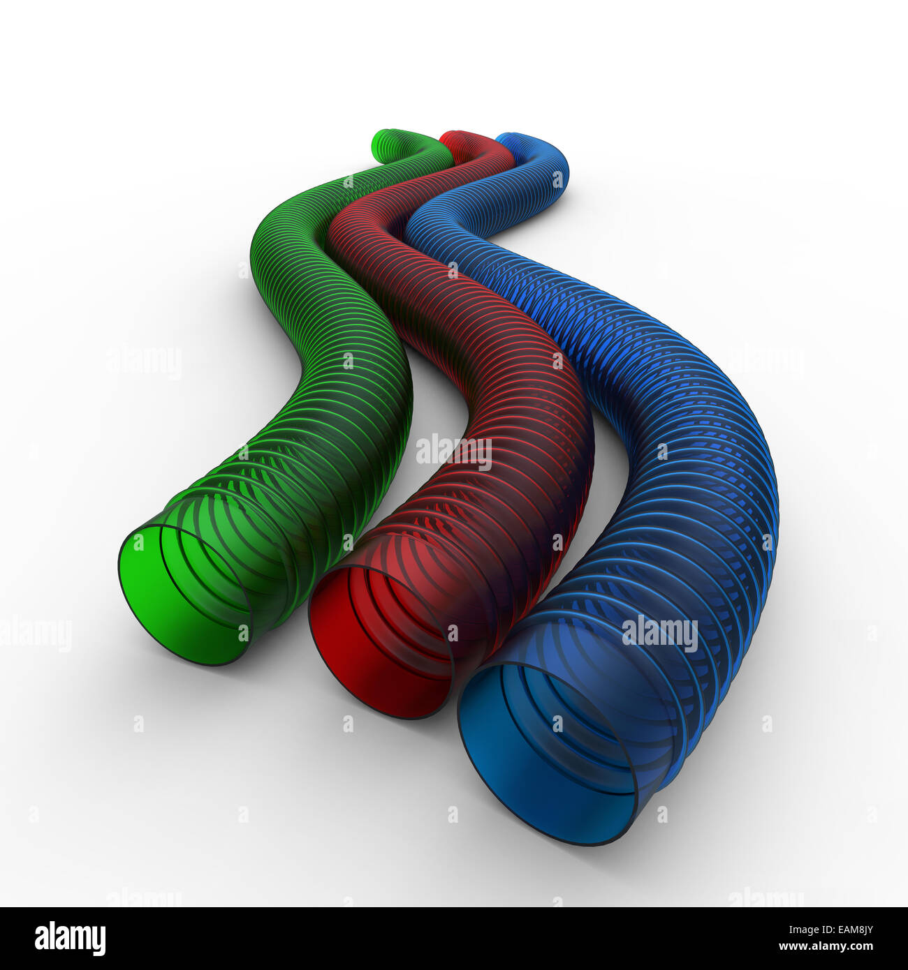 Rosso verde blu trasparente ondulato flessibile in plastica flessibili in gomma su sfondo bianco Foto Stock
