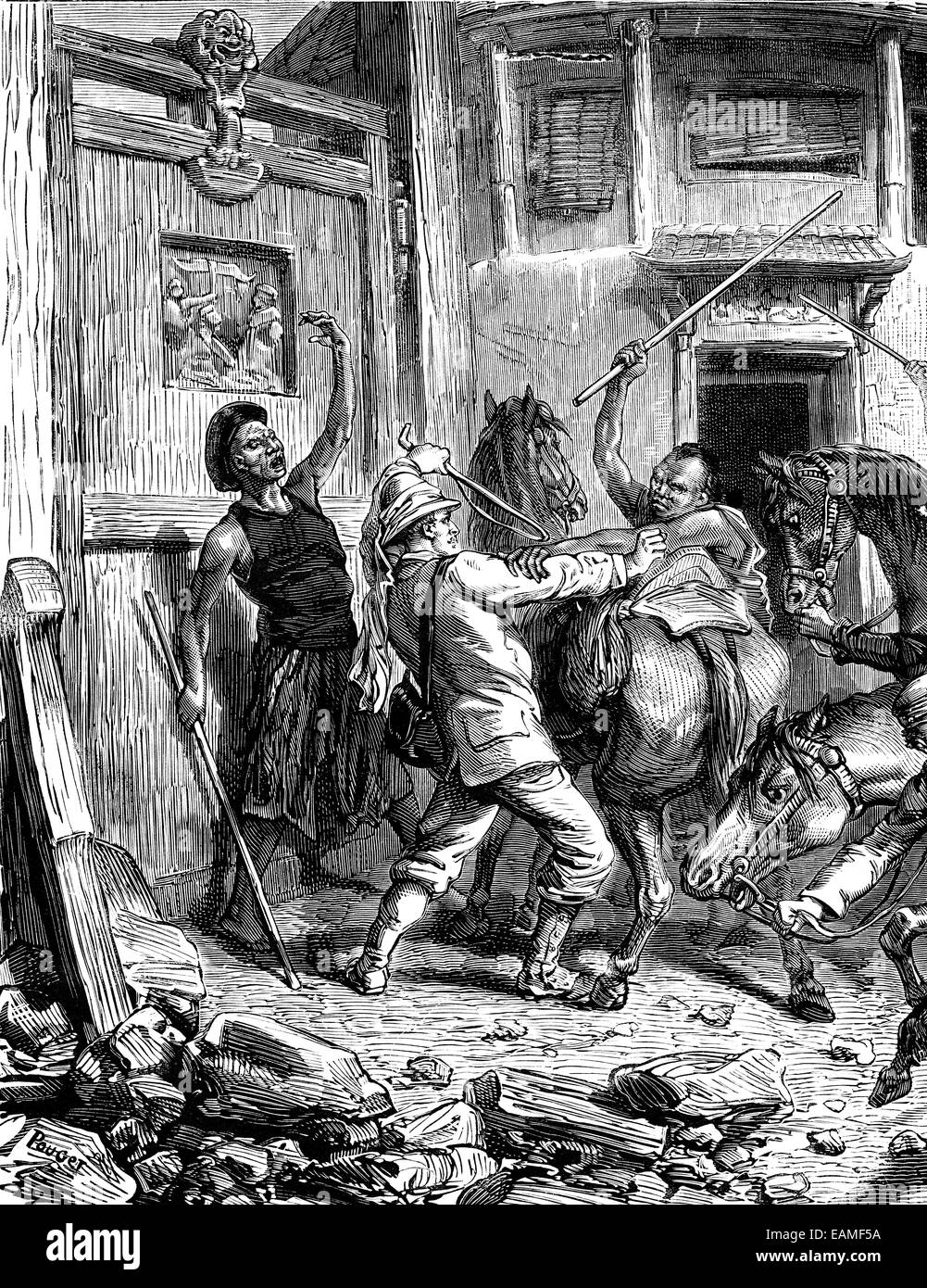 Attacco in Mongolia, vintage illustrazioni incise. Journal des Voyages, viaggio ufficiale, (1879-80). Foto Stock