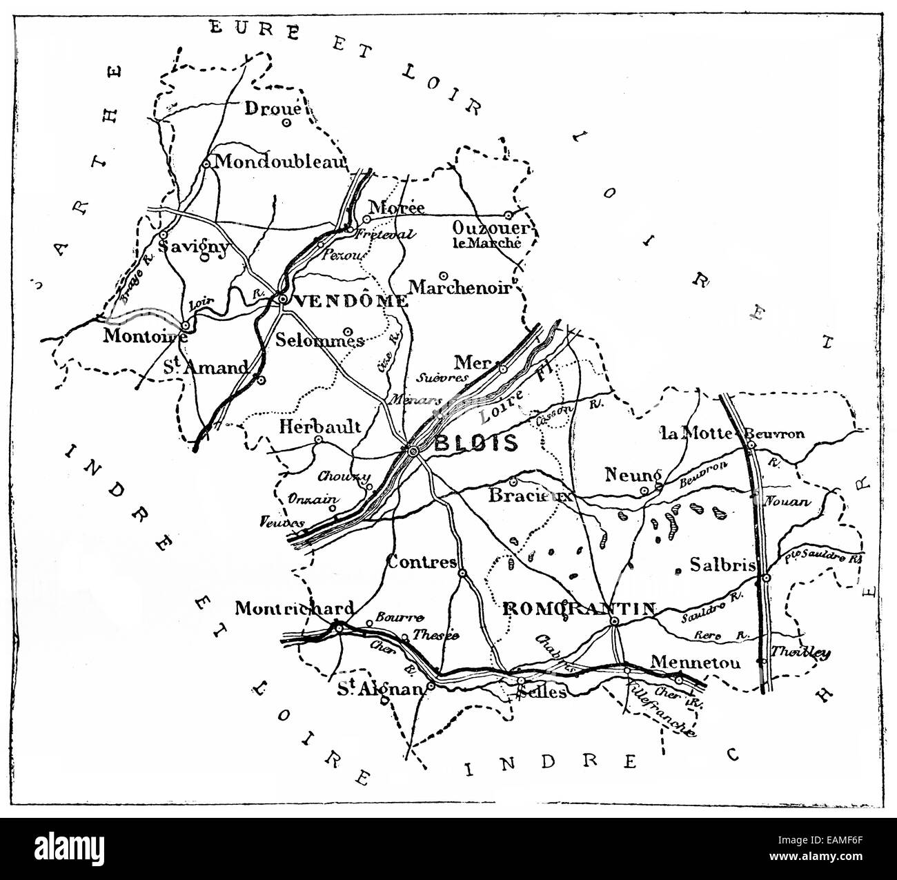 Mappa del dipartimento Loir-et-Cher, vintage illustrazioni incise. Journal des Voyages, viaggio ufficiale, (1879-80). Foto Stock