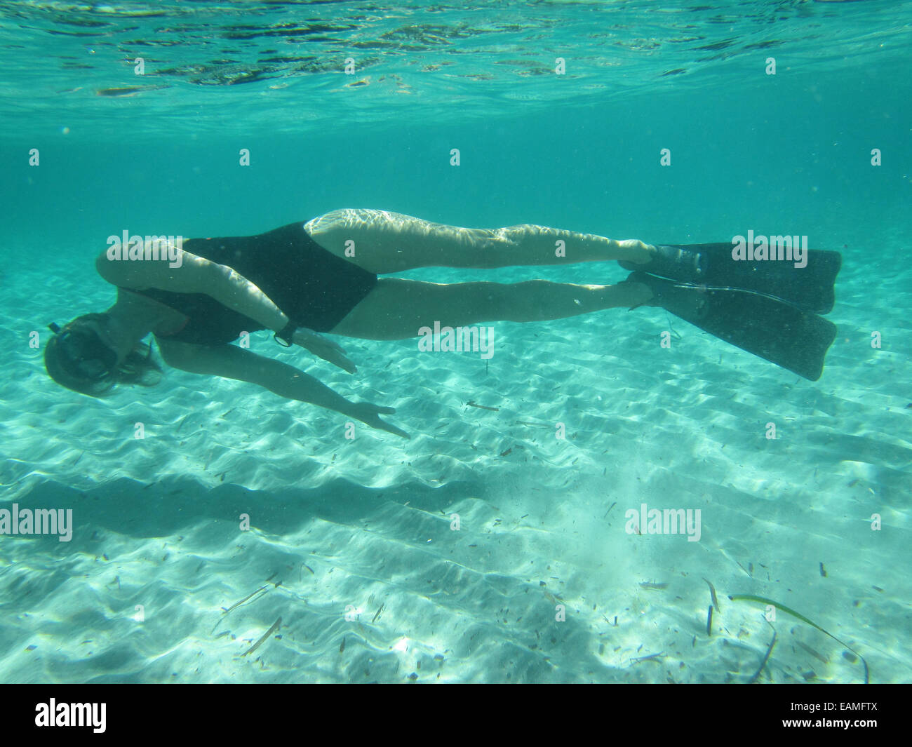 Nuotatore femmina indossando maschera e pinne immersioni subacquee con calma in ocean su fondo sabbioso Foto Stock