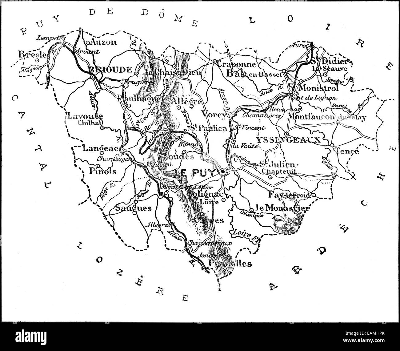 Mappa del dipartimento della Haute Loire, vintage illustrazioni incise. Journal des Voyages, viaggio ufficiale, (1879-80). Foto Stock