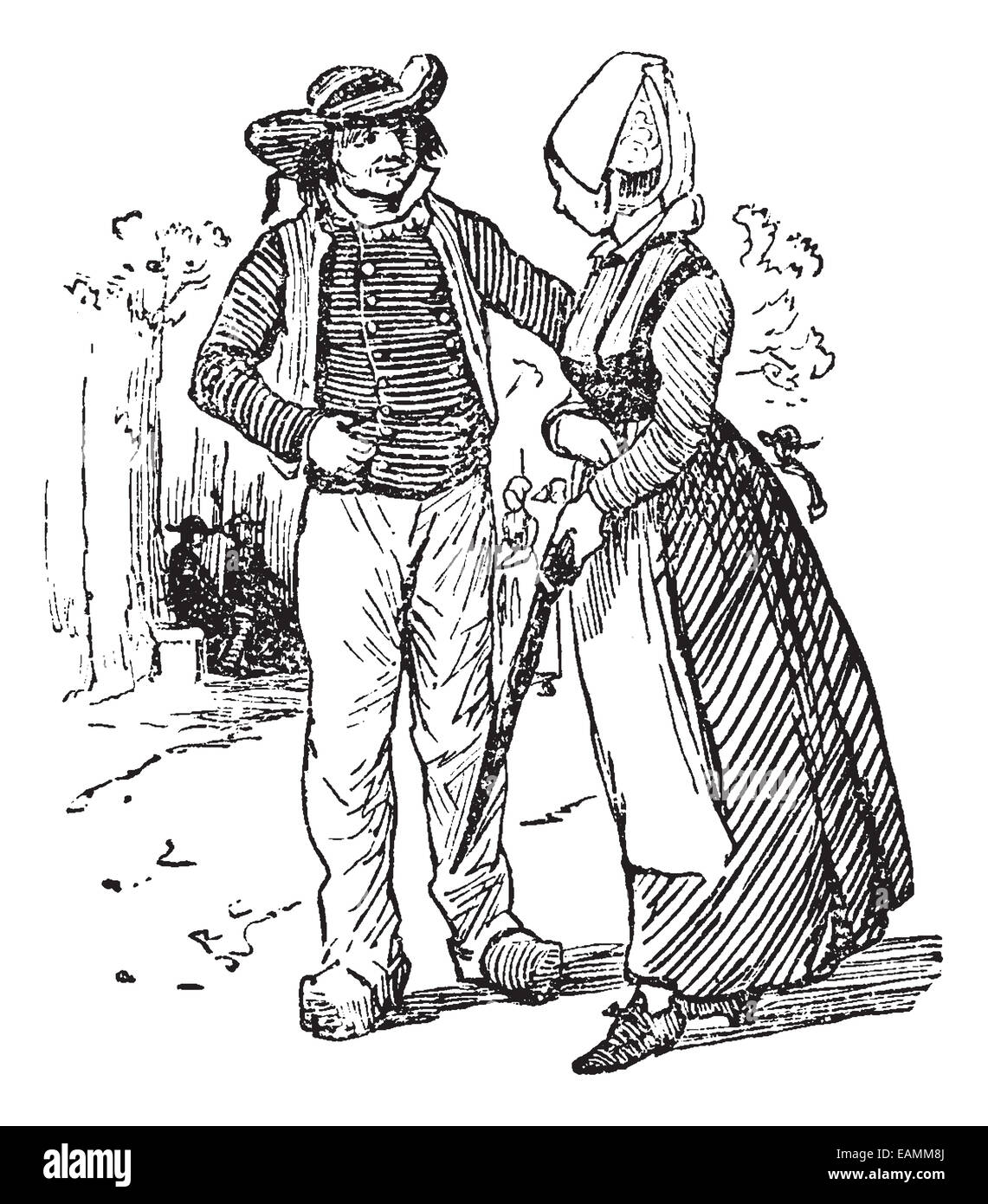I contadini della Bretagna, vintage illustrazioni incise. Journal des Voyages, viaggio ufficiale, (1879-80). Foto Stock