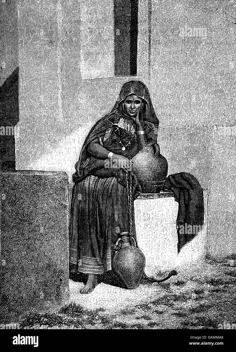 A Tunisi. Un vettore acqua, vintage illustrazioni incise. Journal des Voyages, viaggio ufficiale, (1879-80). Foto Stock