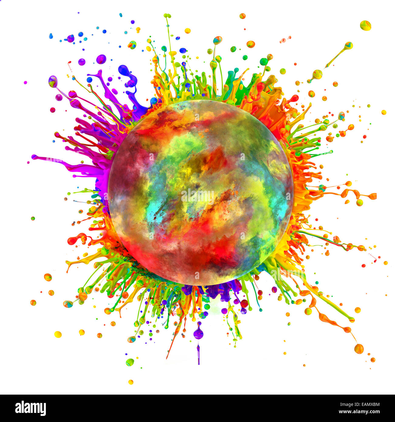 Super macro shot di vernice colorata schizzi e polvere 'dancing' su onde sonore. In forma arrotondata con spazio libero per il testo. Isola Foto Stock