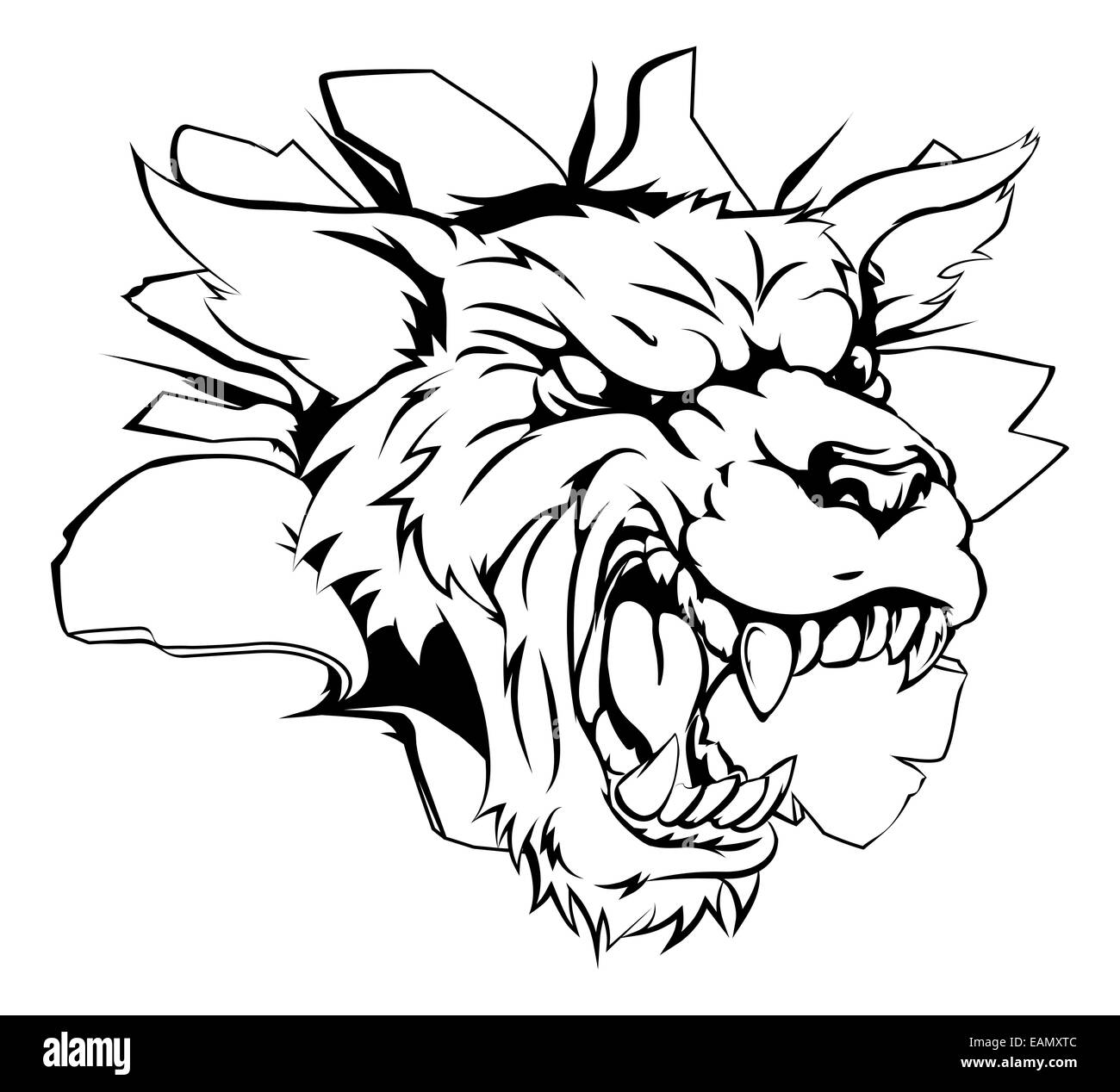 Una illustrazione di un ululano testa di lupo lo scoppio attraverso una parete Foto Stock