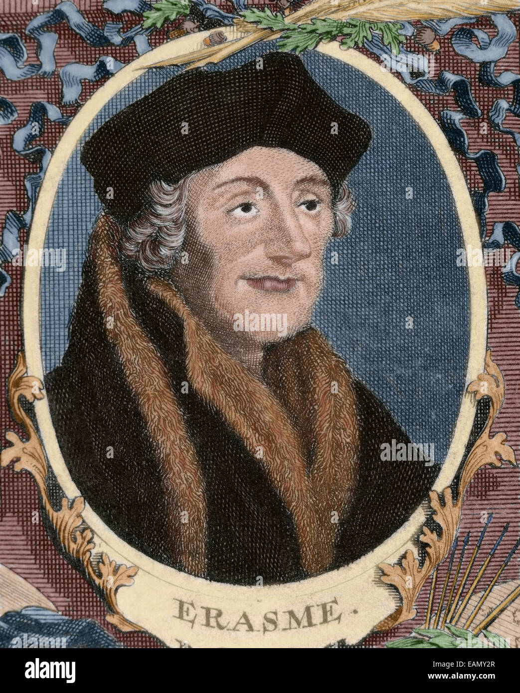 Erasmo da Rotterdam (1466-1536). Umanista olandese. Ritratto. Incisione, 1713. Colorati. Foto Stock