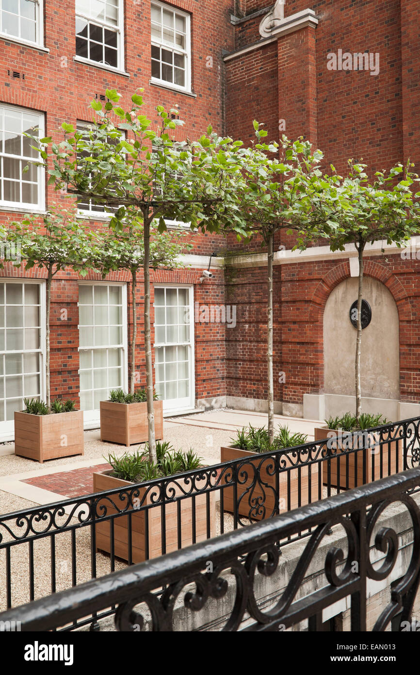 Il livello inferiore di mattoni rossi cortile a Londra nel quartiere di Mayfair. Legno Iroko piantatrici con table-top, alberi decidui e piante perenni impostato sulla superficie di ghiaia tra york di pietra e mattoni rossi, pavimentazione Grosvenor Square, London, Regno Unito Foto Stock