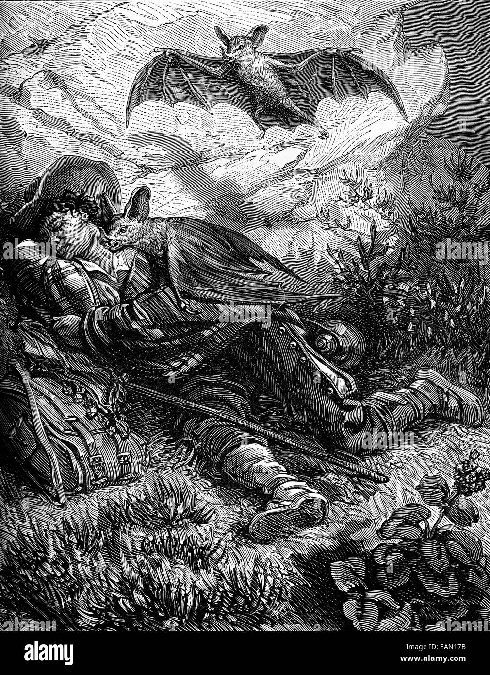Vampiri. Il più grande vampiro cadde sulla spalla di Morales, vintage illustrazioni incise. Journal des Voyages, viaggio ufficiale, (1879-80). Foto Stock