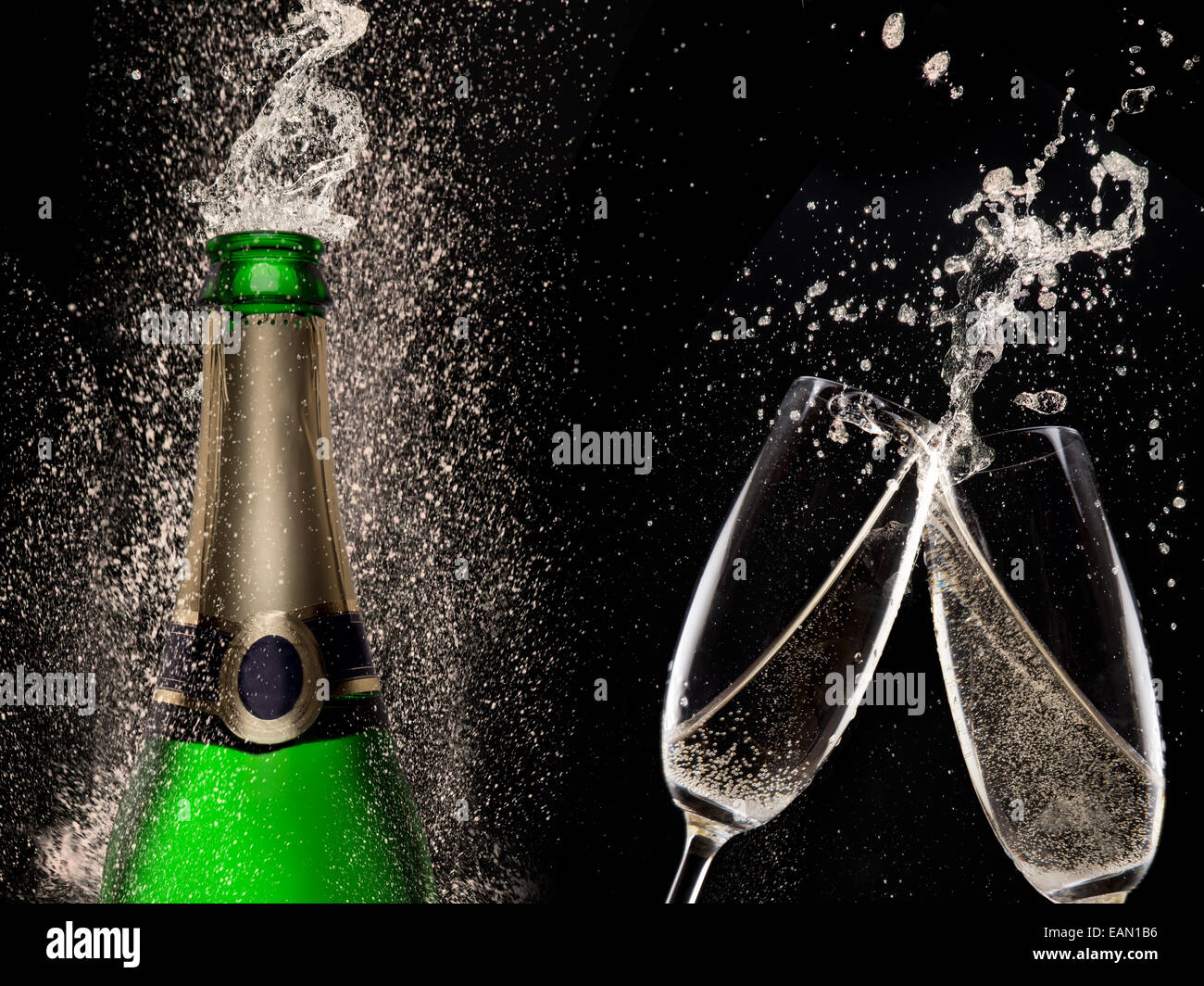 Esplosione di champagne su sfondo nero, celebrazione del tema. Foto Stock