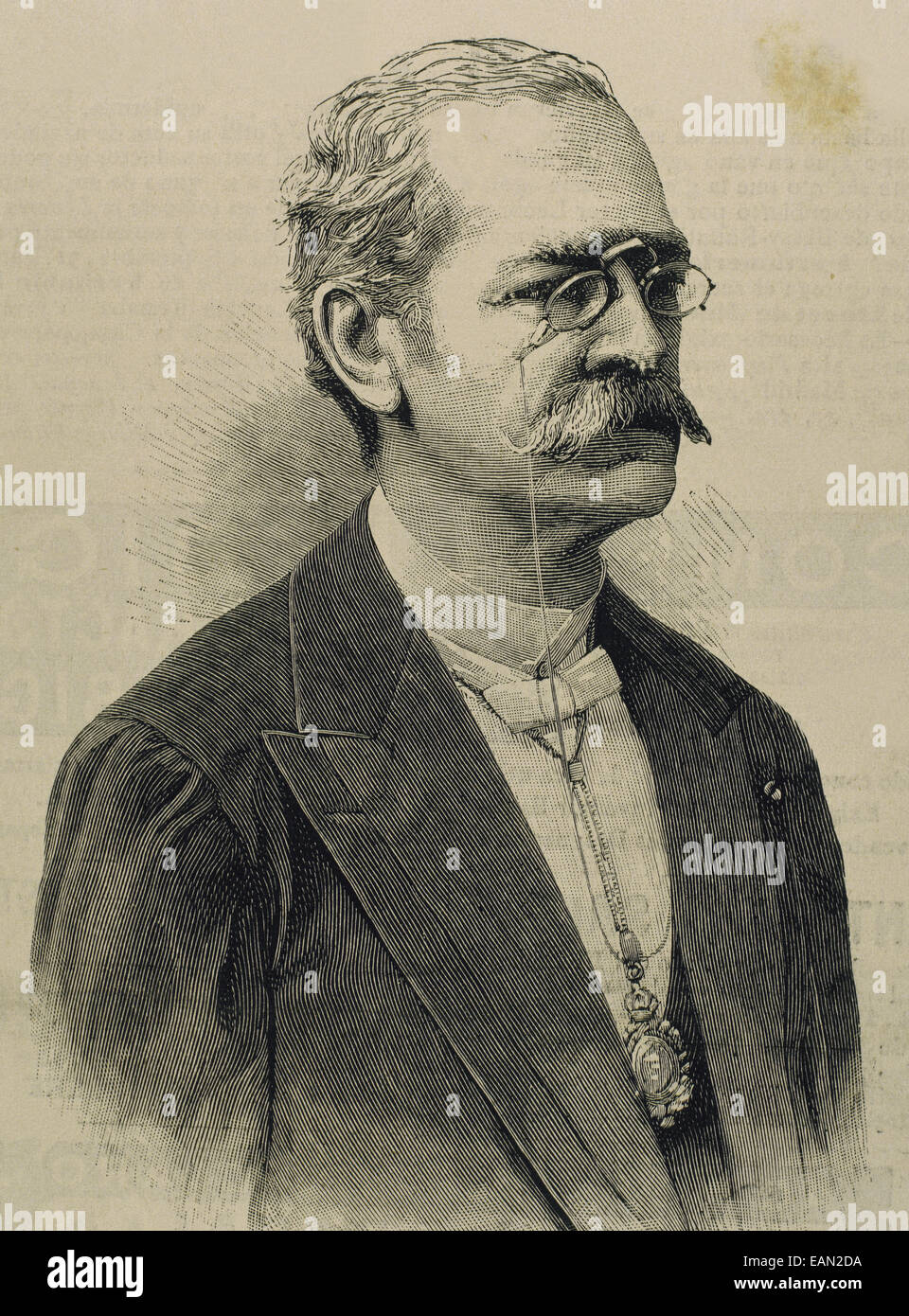 Ricardo Palma (1833-1919). Autore peruviano, studioso, bibliotecario e politico. Ritratto. Incisione. Foto Stock