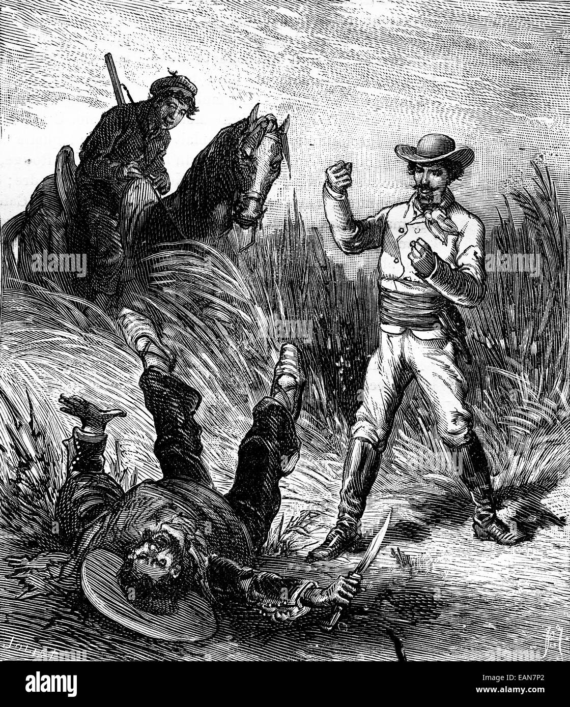 Banditi del mare. Il gaucho cadde sulla sua schiena, vintage illustrazioni incise. Journal des Voyages, viaggio ufficiale, (1879-80). Foto Stock