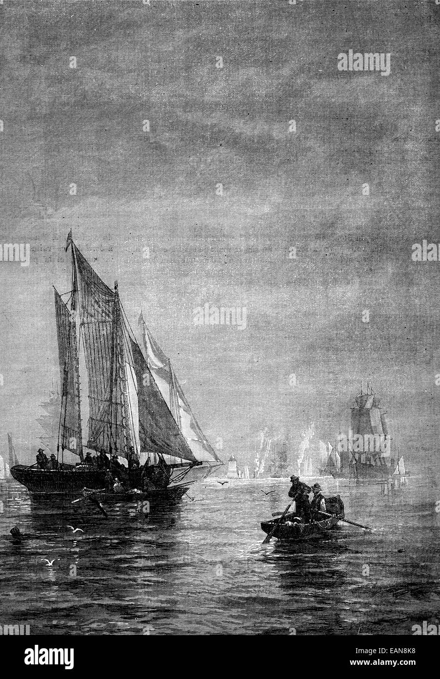 La nebbia nella baia di New York, vintage illustrazioni incise. Journal des Voyages, viaggio ufficiale, (1879-80). Foto Stock