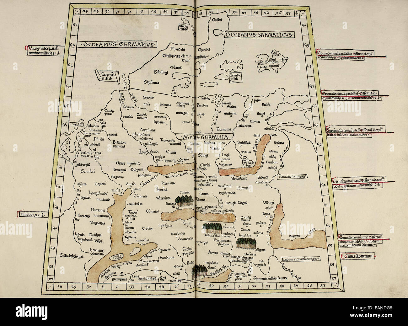Mappa di Magna Germania da 'Cosmographia' da Claudio Tolomeo (Ptolemaeus) (90-168AD). Vedere la descrizione per maggiori informazioni. Foto Stock