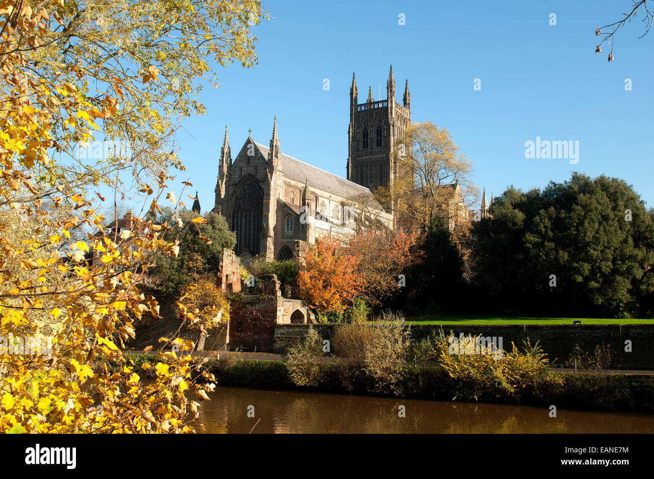 Cattedrale di Worcester e il fiume Severn in autunno, Worcestershire, Regno Unito Foto Stock
