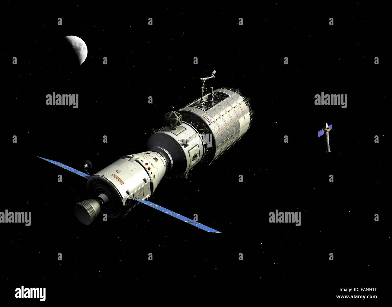 Un orbitale con equipaggio piattaforma di manutenzione (OMP) approcci di NASA Chandra X-Ray observatory per la riparazione e l'aggiornamento. Chandra è una spa Foto Stock