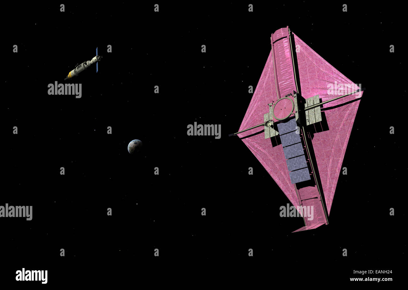 Un orbitale con equipaggio piattaforma di manutenzione (OMP) approcci di NASA James Webb Space Telescope (JWST). Il James Webb Space Telescope Foto Stock