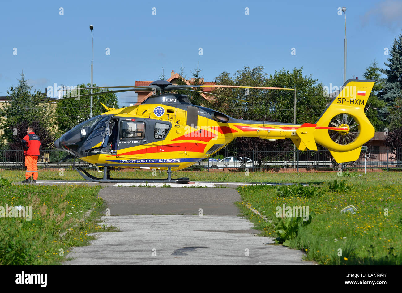 Elicottero ambulanza portando un incidente all'ospedale di Lublin, Polonia Foto Stock
