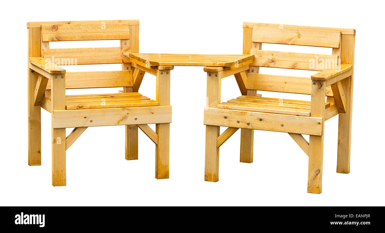 Doppio posto a sedere nel patio fatte di pino una popolare legno morbido spesso utilizzato per mobili da giardino. Foto Stock