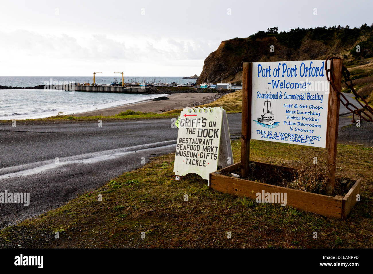 Porto di Port Orford segni di Benvenuto Oregon USA Foto Stock