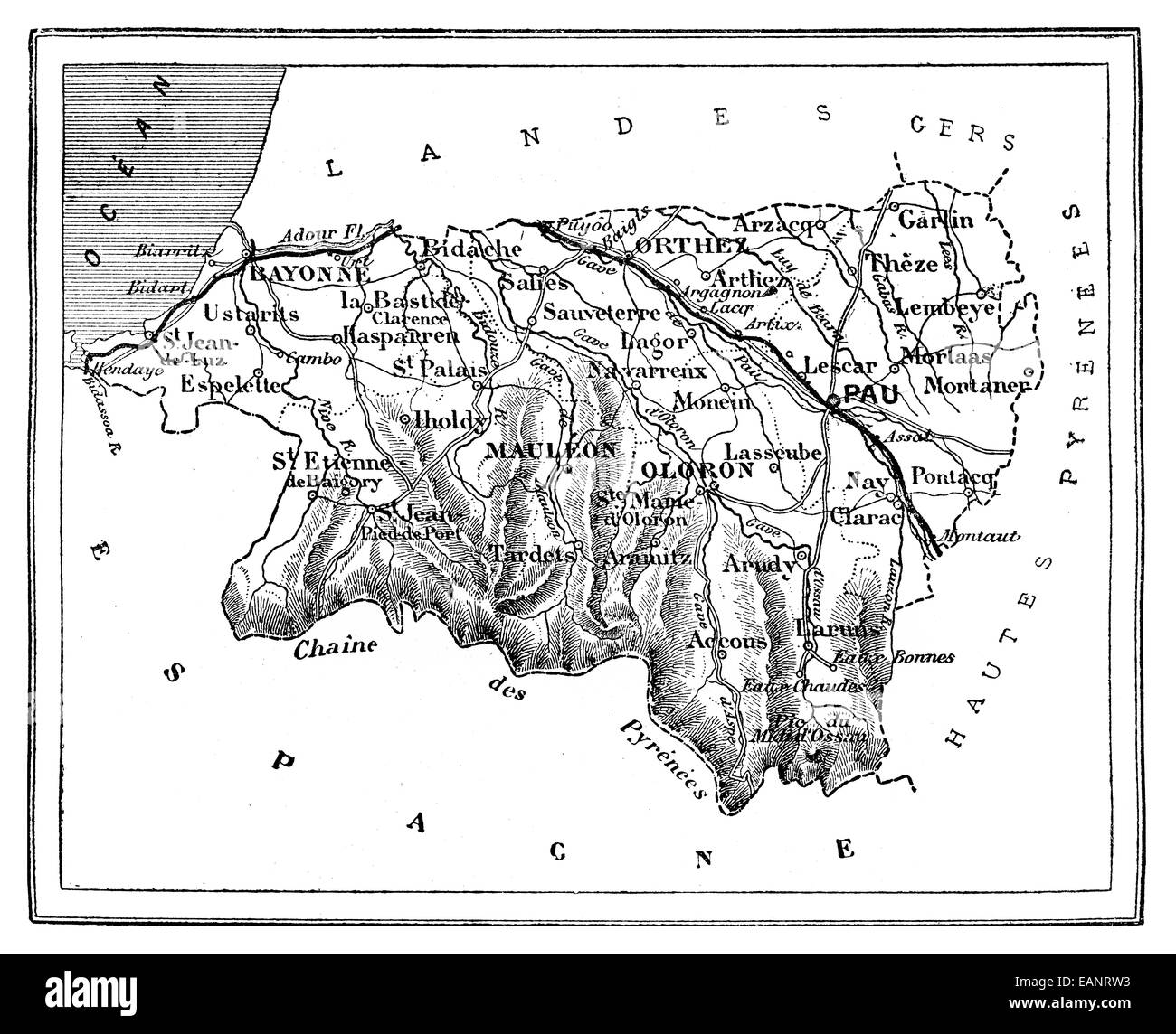 Mappa del Dipartimento dei Pirenei inferiore, vintage illustrazioni incise. Journal des Voyages, viaggio ufficiale, (1880-81). Foto Stock